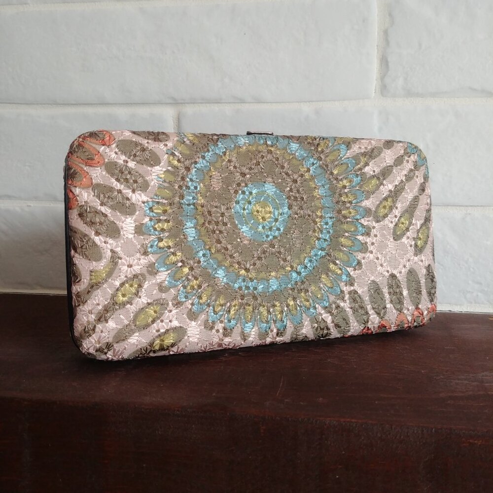 60s 70s vibe large hard case wallet orange green blue abstract pattern silky